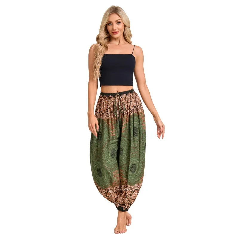Women's Printed Rayon Harem Pants with Elastic Waist and Loose Gathered Legs