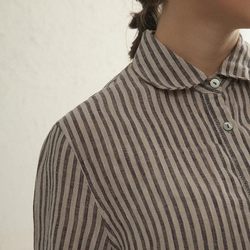 Women's Cotton-Linen Striped Long-Sleeve Shirt with Classic Collar for Casual Everyday Outfits