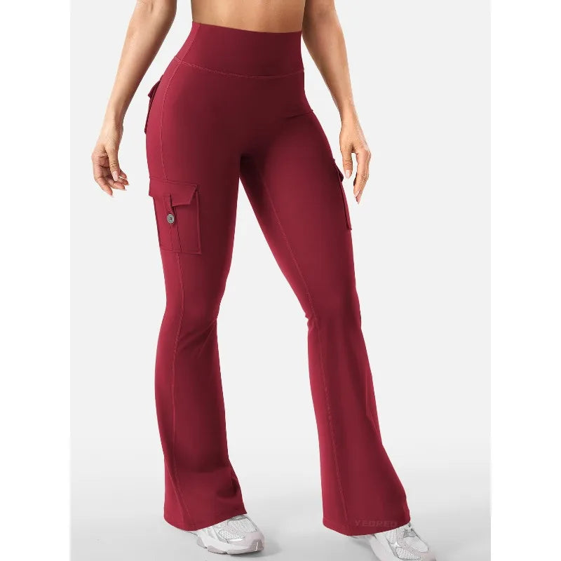 Women's High Waist Polyester Flared Pants with Cargo Style Thigh Pockets