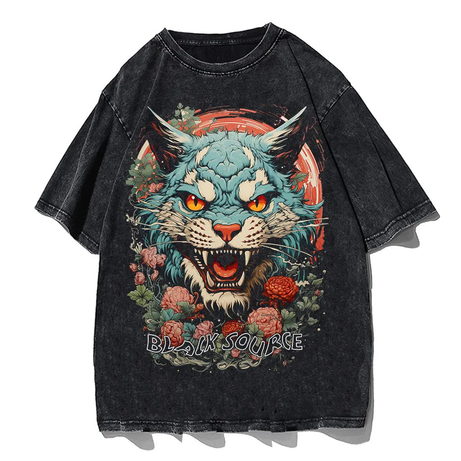 Japanese Tiger Head Graphic T-Shirt Oversized Streetwear Y2K Tee