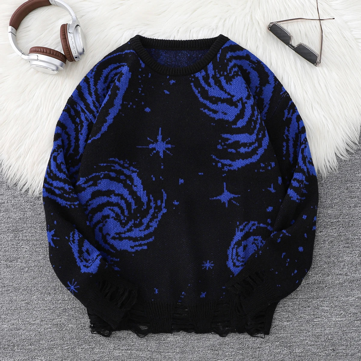 Men's Distressed Graphic Crew Neck Knit Sweater