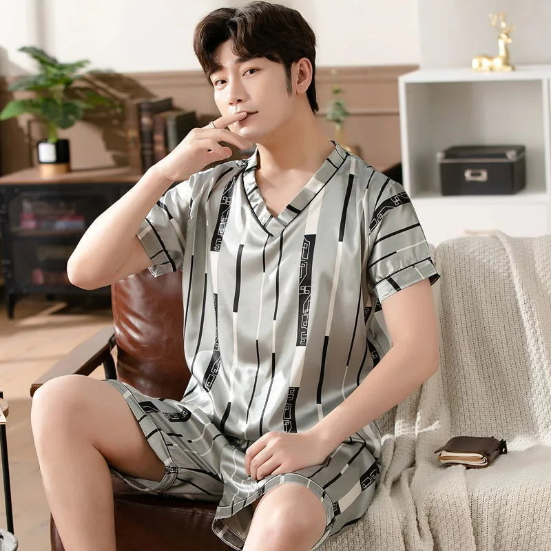 Men's Printed Short Sleeve Button Front Shirt and Shorts Pajama Set