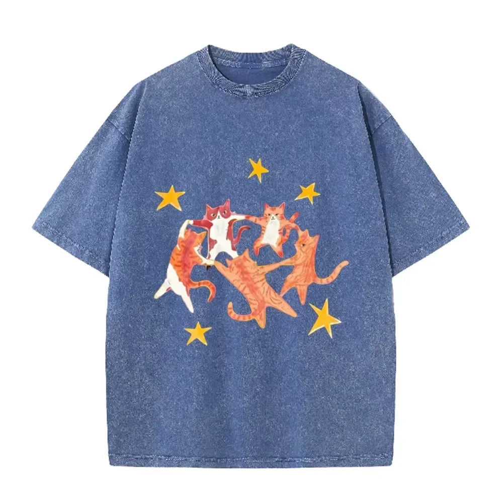 Vintage Washed Purple Dancing Orange Cats Star Print Casual Cute Animal Graphic T Shirt