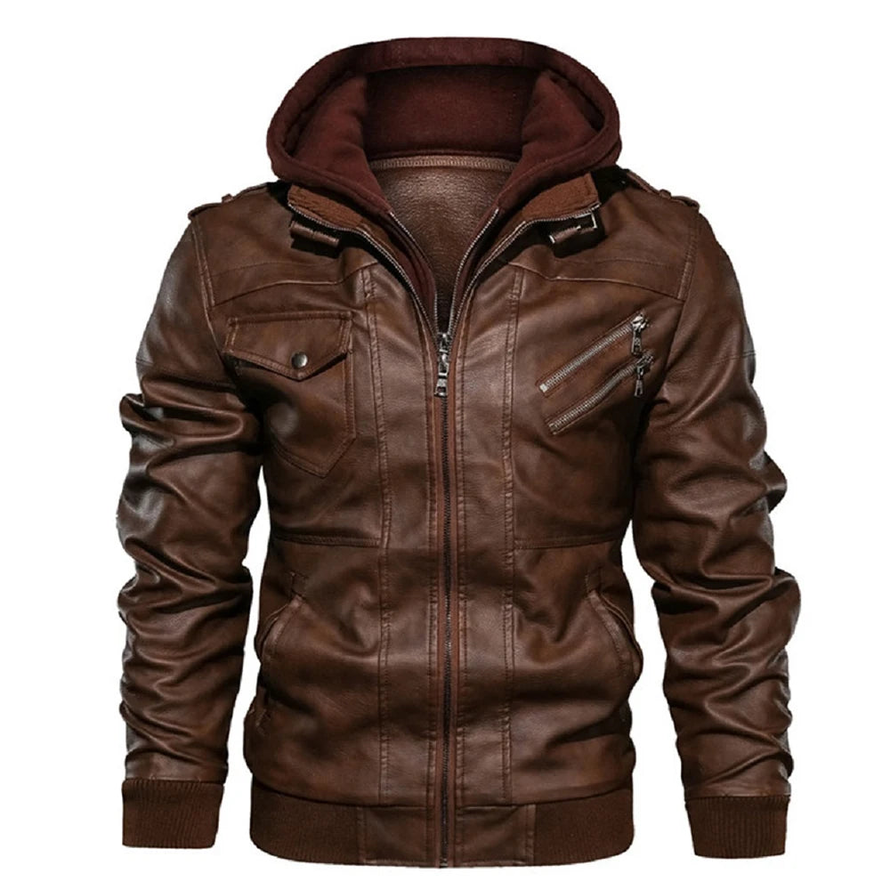 Men's Faux-Leather Biker Jacket with Detachable Hood