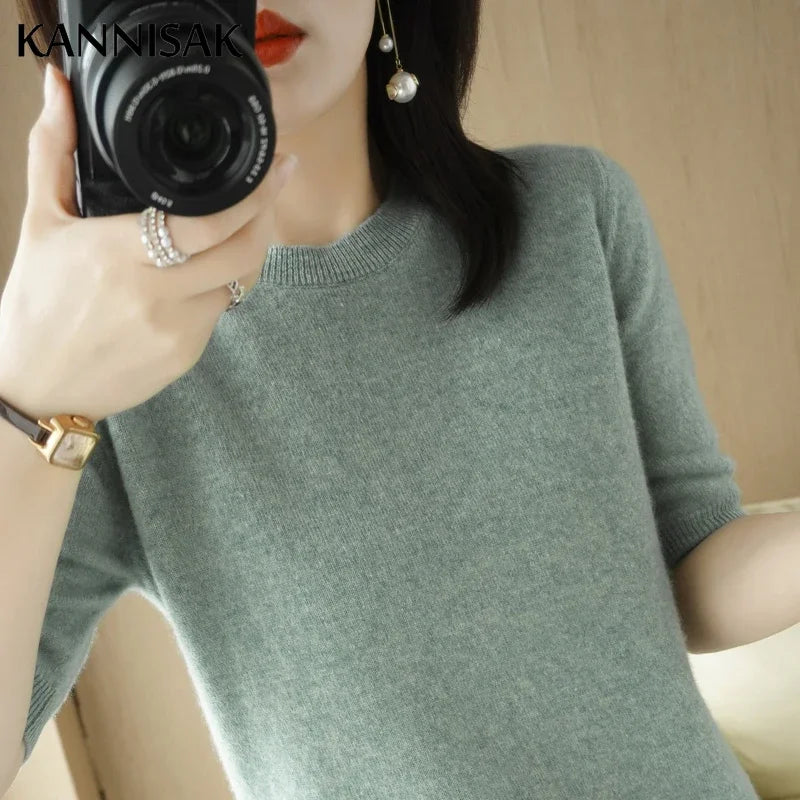 Women's Crew Neck Short Sleeve Sweater Casual Knit Layer