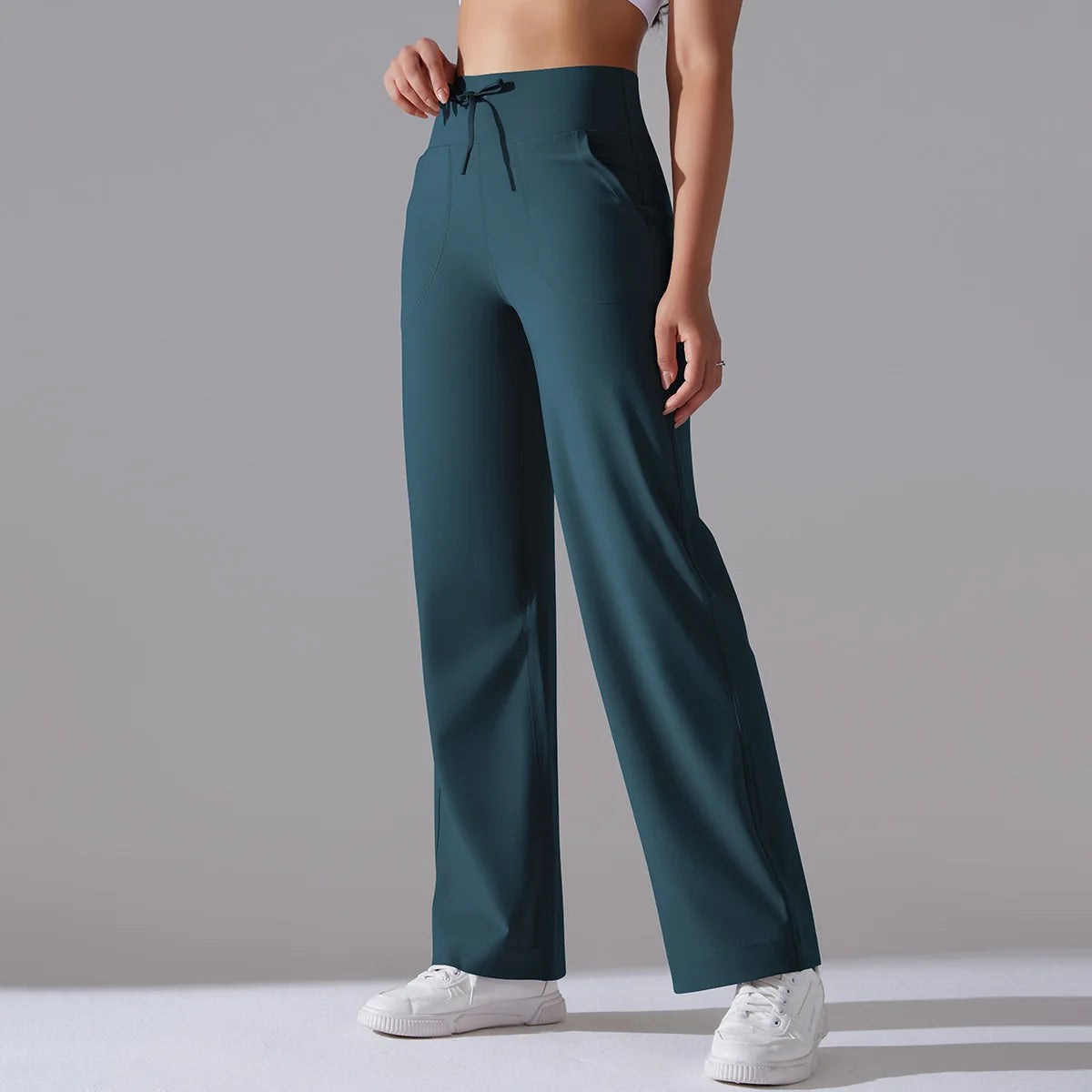 Women's Drawstring Waist Nylon Blend Wide Leg Pants with Extended Length Options