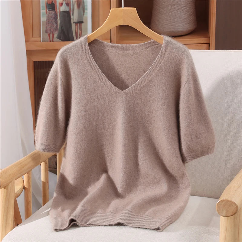 Women's V Neck Short Sleeve Sweater Casual Knit Layer