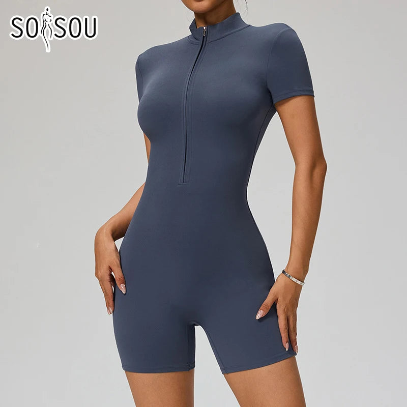 Women's Short Sleeve Nylon Blend Workout Romper with Stand Collar Zip