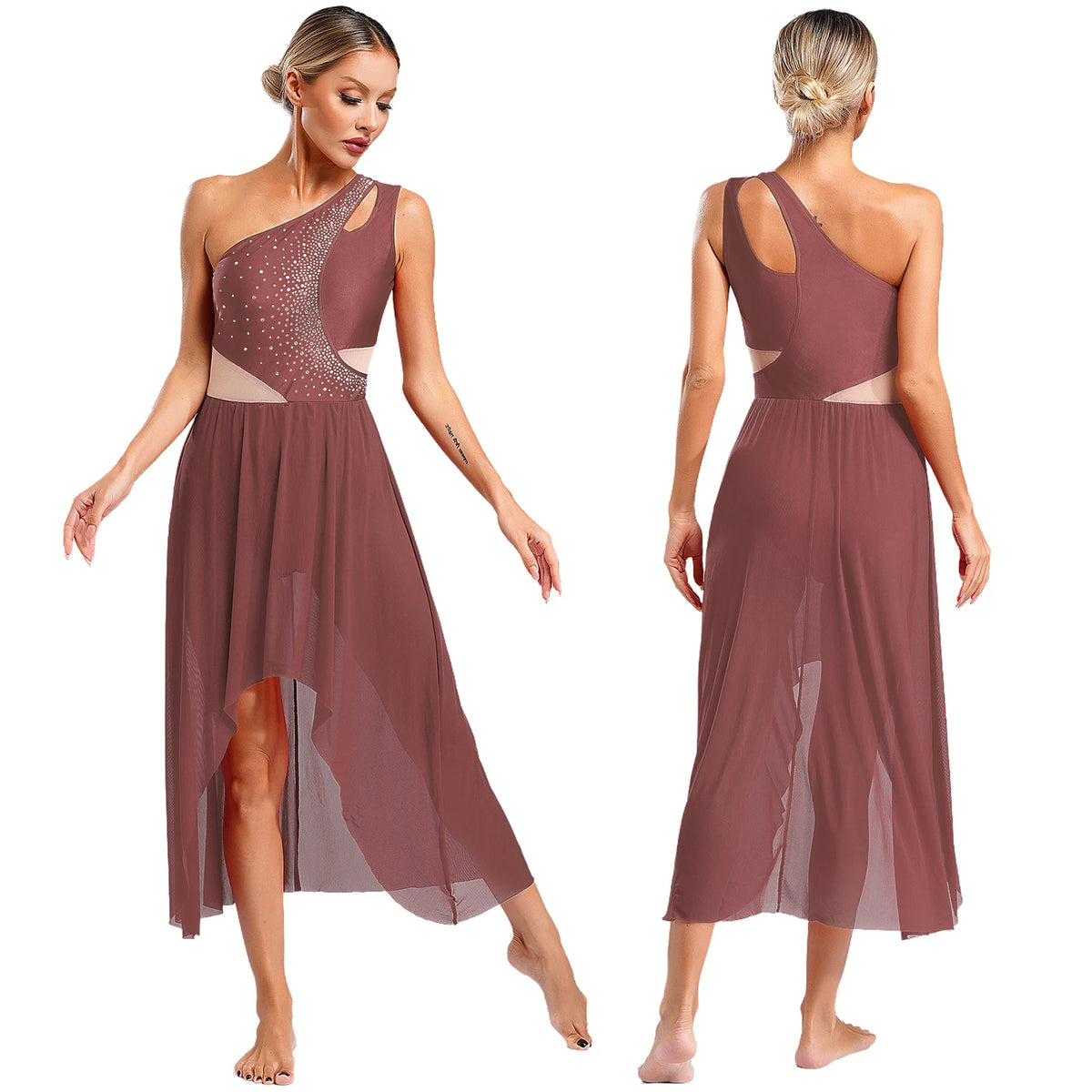 Women's Asymmetric Rhinestone Dance Dress with Split Mesh Skirt Styles