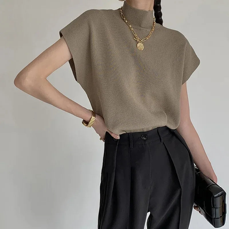 Women's Cap Sleeve Mock Neck Knit Sweater Casual Knit Layer