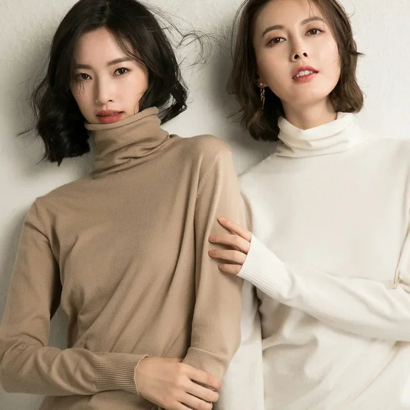 Women's Draped Roll Neck Fine Knit Sweater Casual Knit Layer