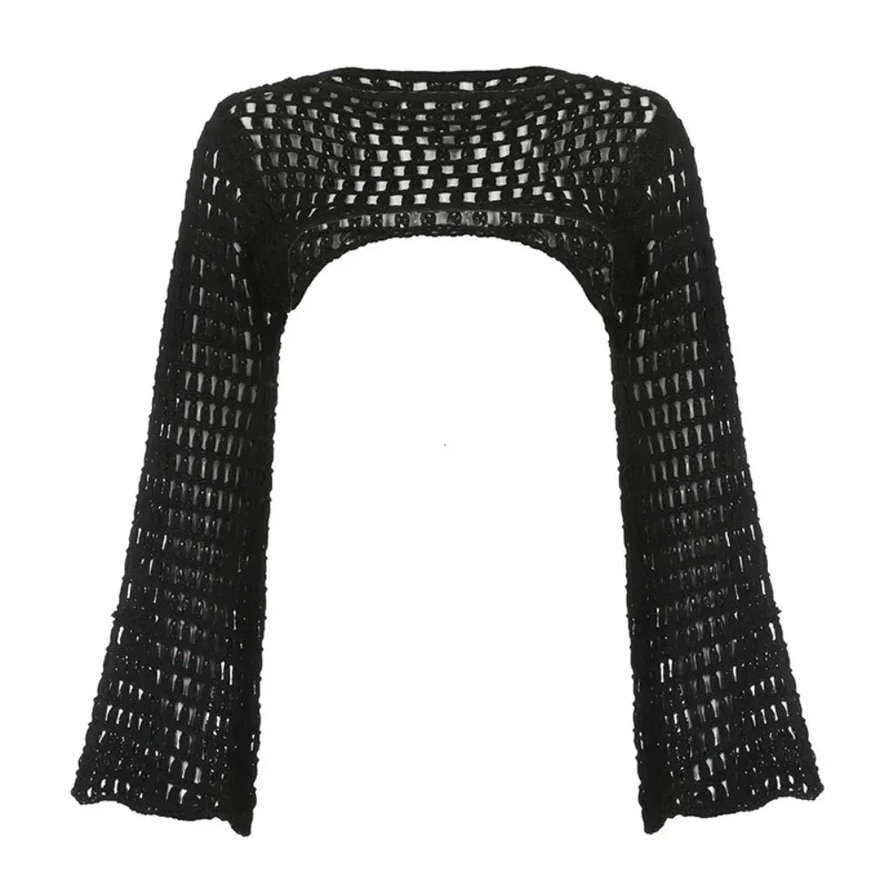 Women's Open Knit Cropped Long Sleeve Crop Top