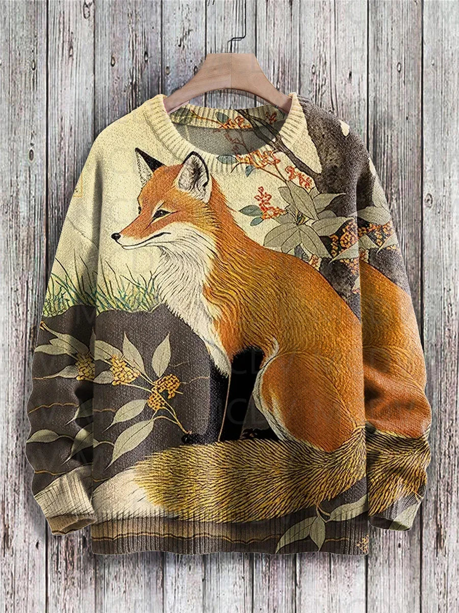 Japanese Art-Print Crewneck Knit Sweater