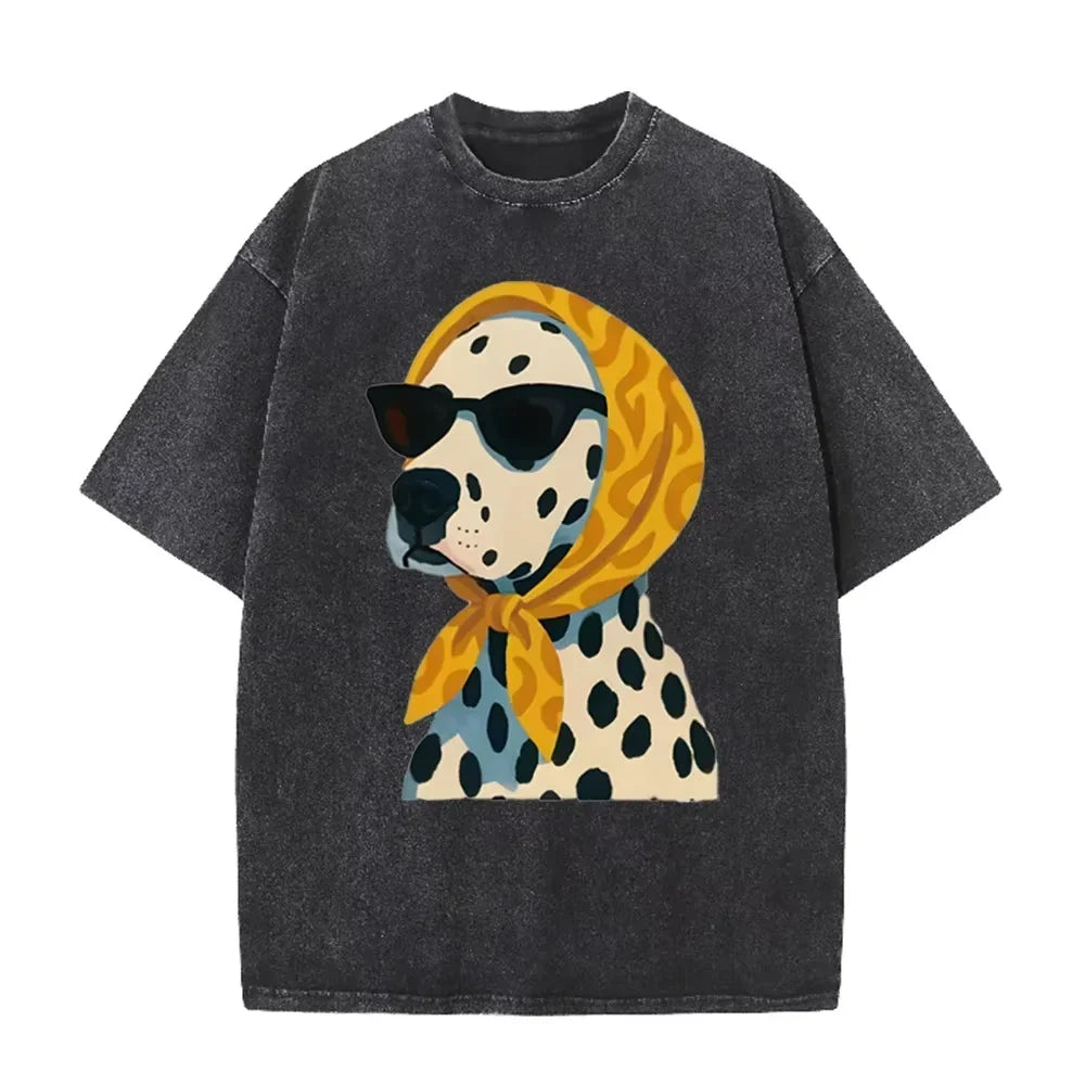 Distressed Vintage Washed Tee Stylish Cool Dalmatian Cartoon Animal Print Loose Fit Short Sleeve T Shirts