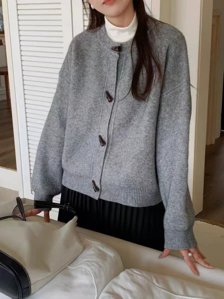 Versatile Crew Neck Autumn and Winter Sweater Wool Coat 100% Pure Cashmere Knitted Cardigan for Women Top