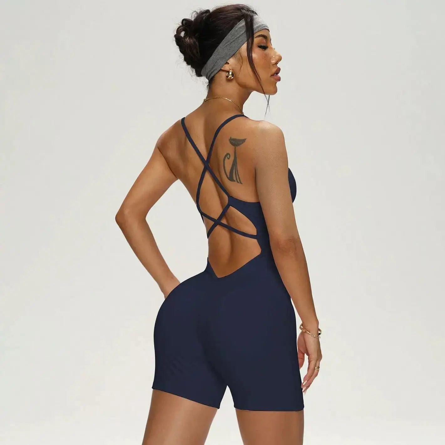 Women's Ribbed Nylon Blend Workout Romper with Lace Up Open Back