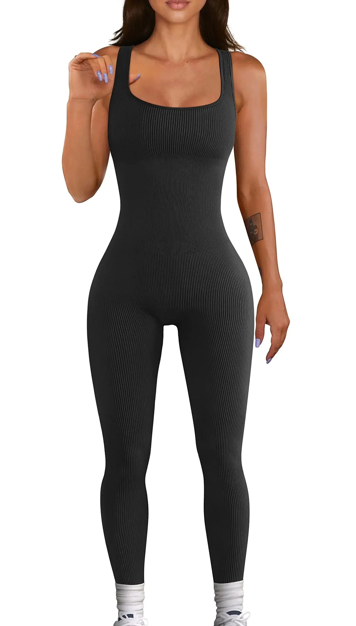 Women's Square Neck Ribbed Nylon Blend Sleeveless Workout Jumpsuit