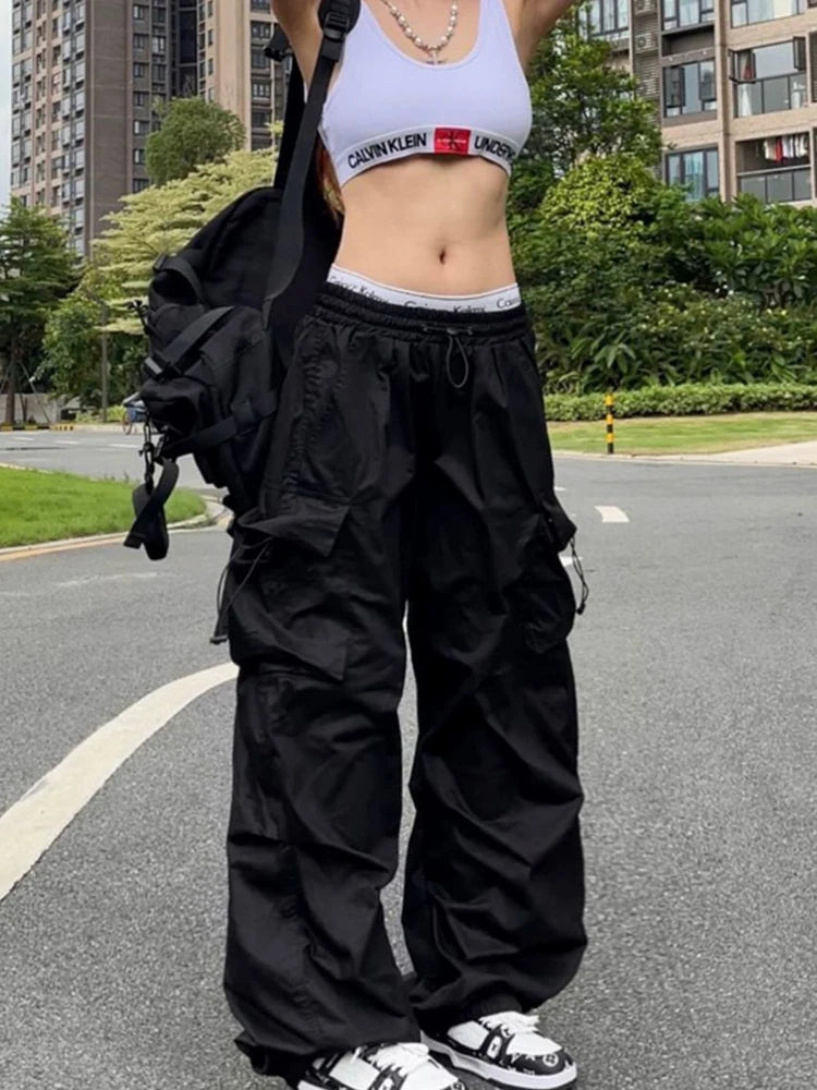 Women's Parachute Cargo Pants with Drawstring Waist and Side Pockets