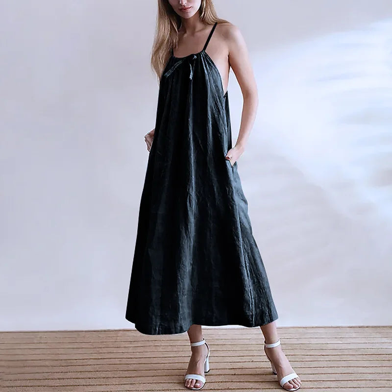 Women's Linen Sleeveless Loose A-Line Ankle-Length Dress with Straps and Practical Pockets