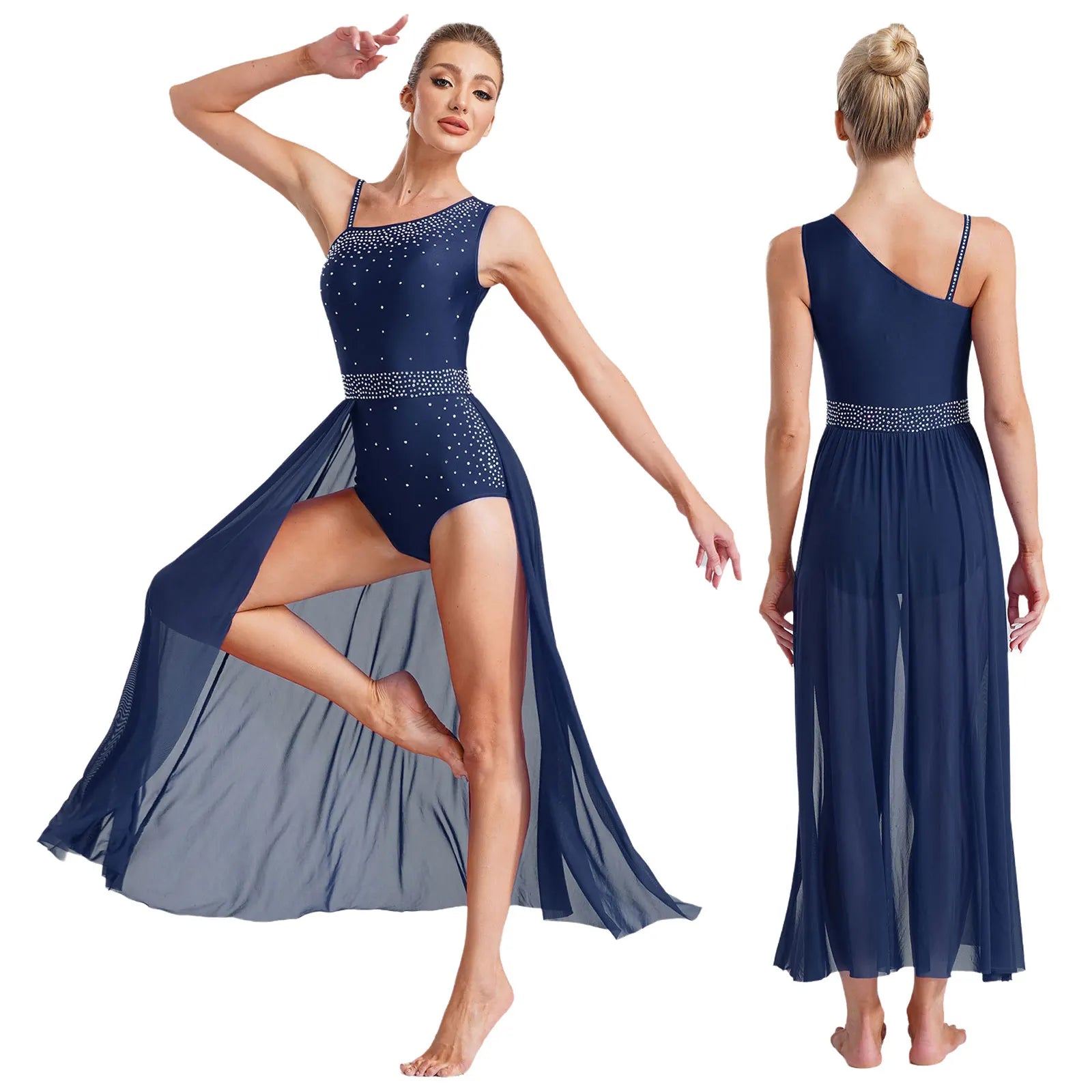 Women's Sleeveless Rhinestone Lyrical Dance Dress with Long Split Mesh Skirt