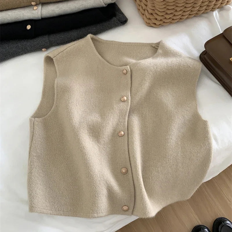 Women's Sleeveless Crew Neck Button Front Vest Casual Knit Layer