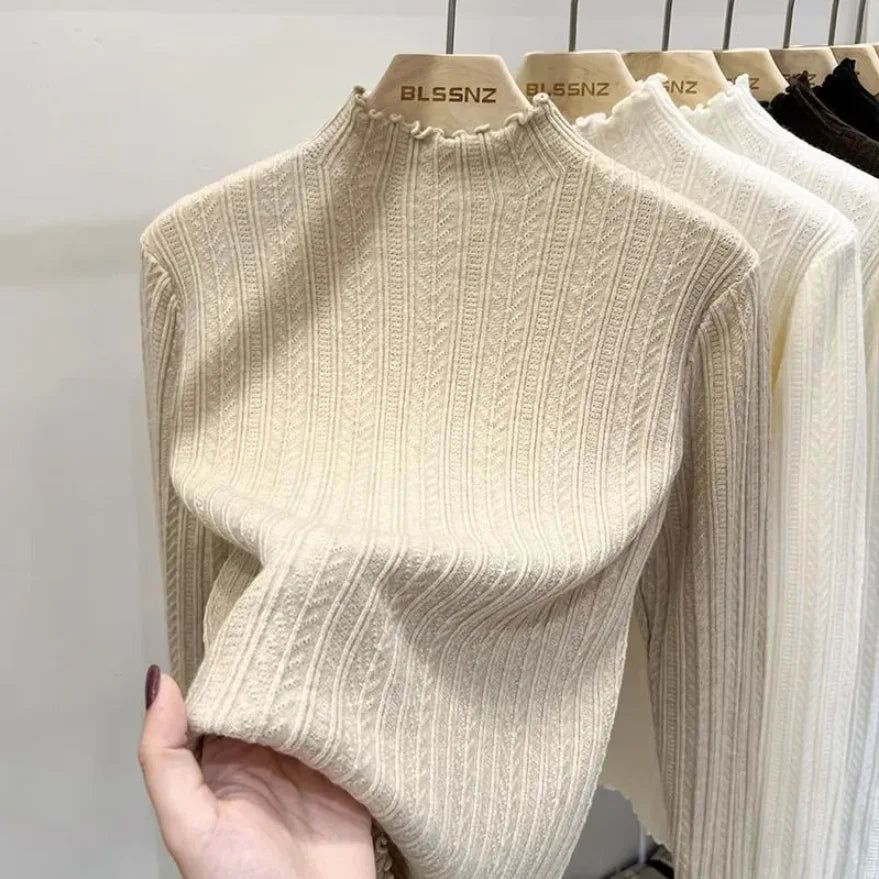 Women's Polyester Solid Long-Sleeve Mock-Neck Slim-Fit Knit Pullover Sweater for Winter Outfits
