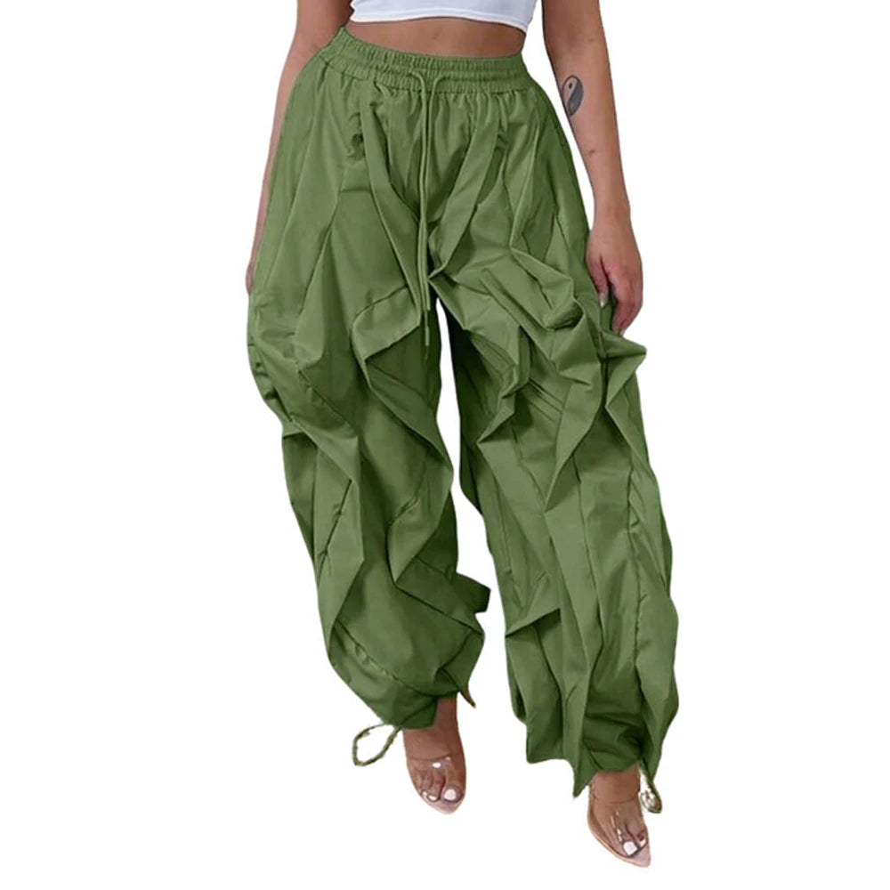 Women's Ruched Cargo Pants with Drawstring Waist and Gathered Cuffs