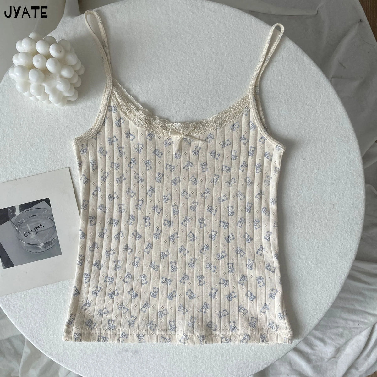 Women's Lace Trim Cotton Blend Camisole with Bow and Mixed Pattern Options