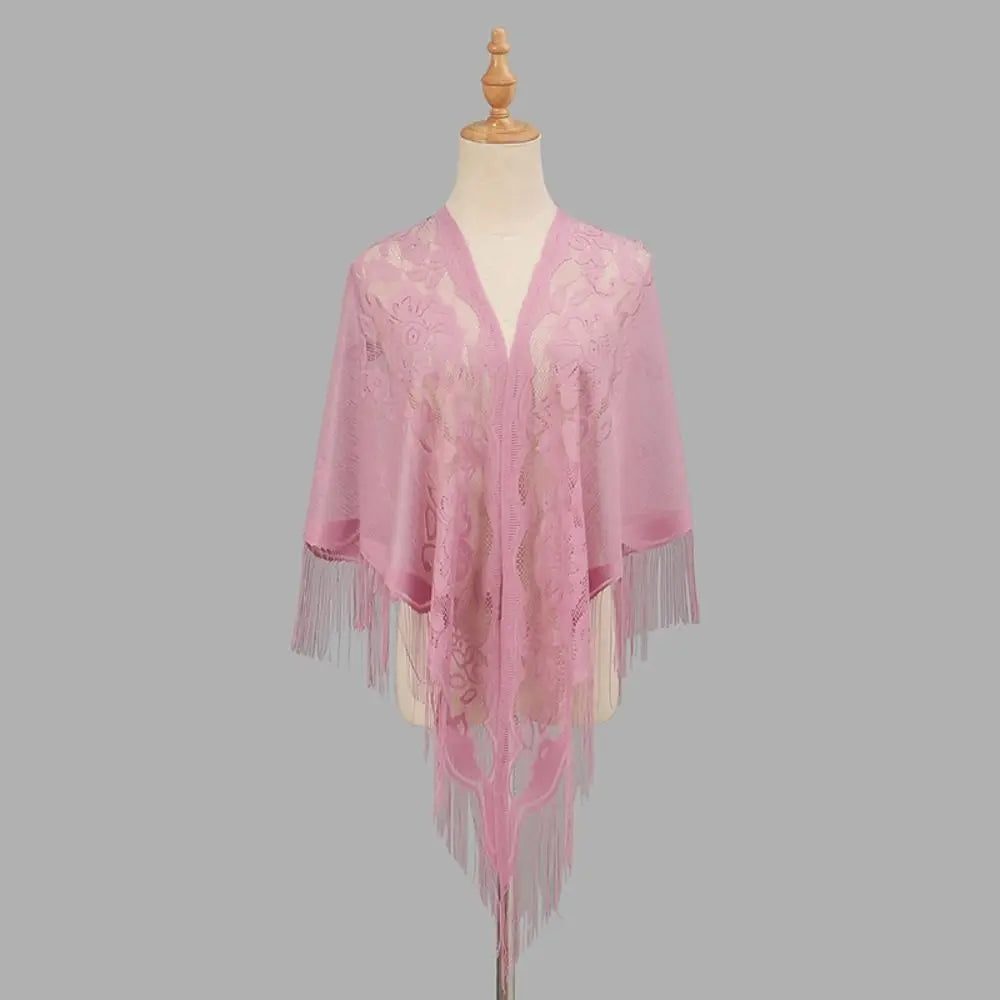 Floral Lace Fringed Wrap Scarf for Layering over Outfits