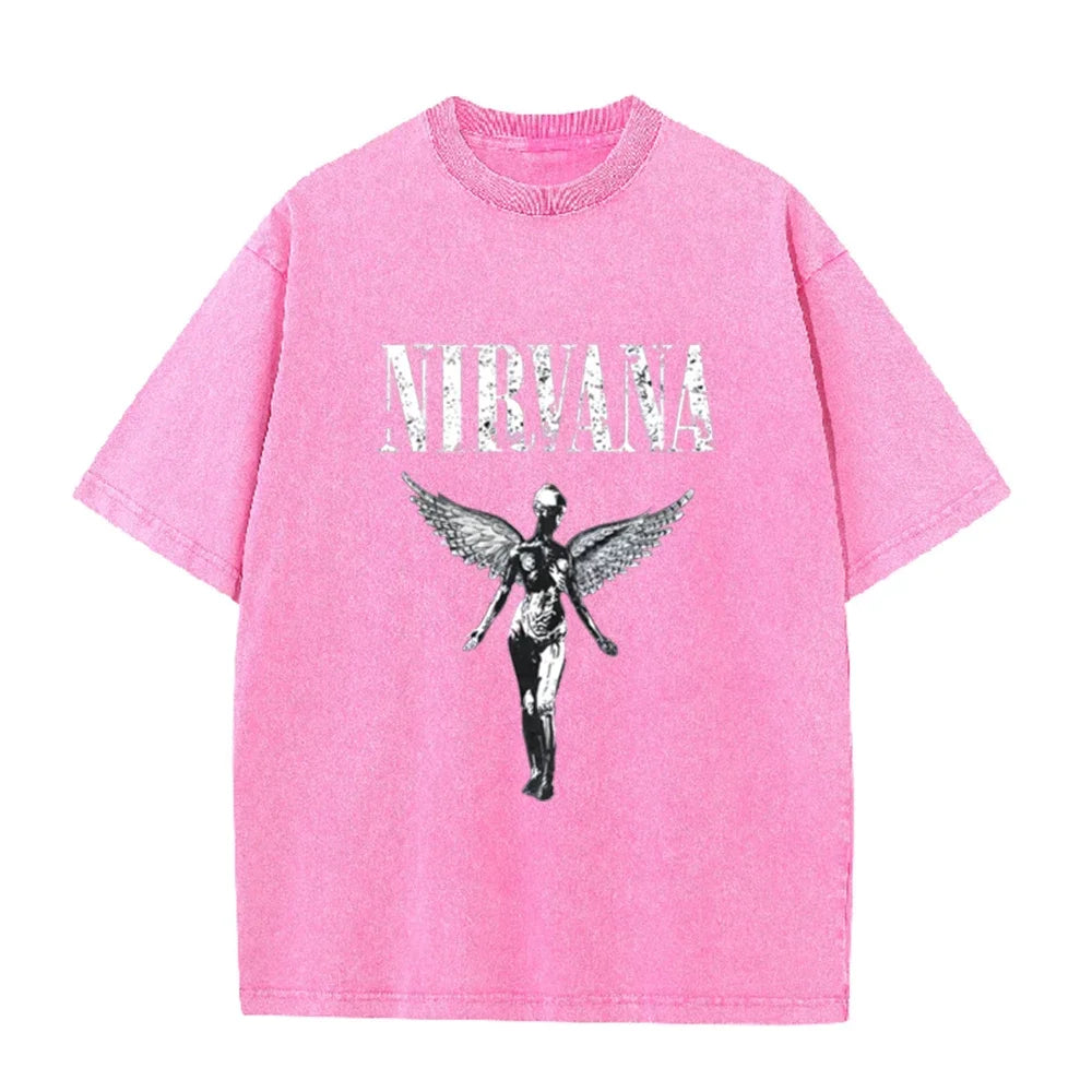Vintage Distressed Washed Tee Nirvana Grunge Rock Silver Angel Skeleton Print Loose Fit Short Sleeve T Shirts