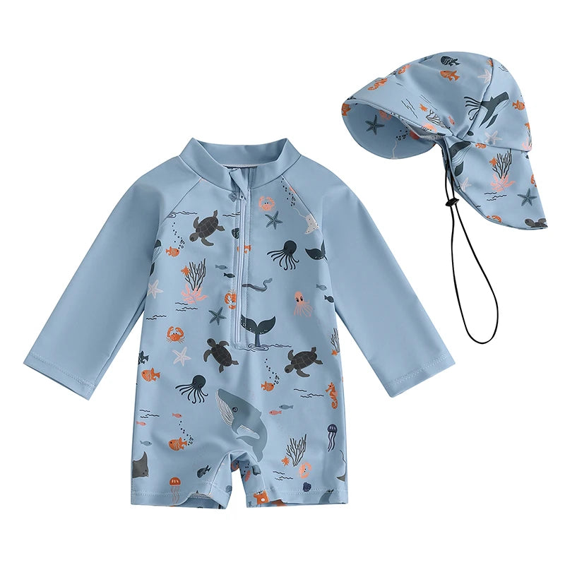 Baby Boys' Marine Print Long Sleeve Zip-Front Swimsuit with Hat