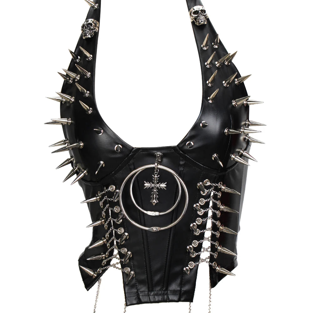 Women's Studded Crop Top with Decorative Spikes and Lace-Up Side Detailing
