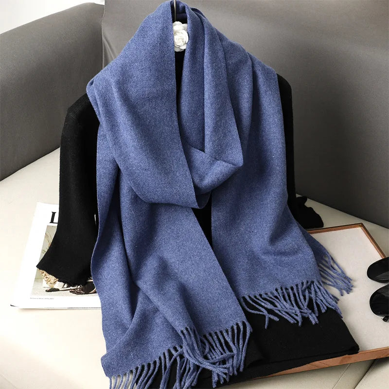 Solid Long Rectangular Scarf with Decorative Fringe Trim