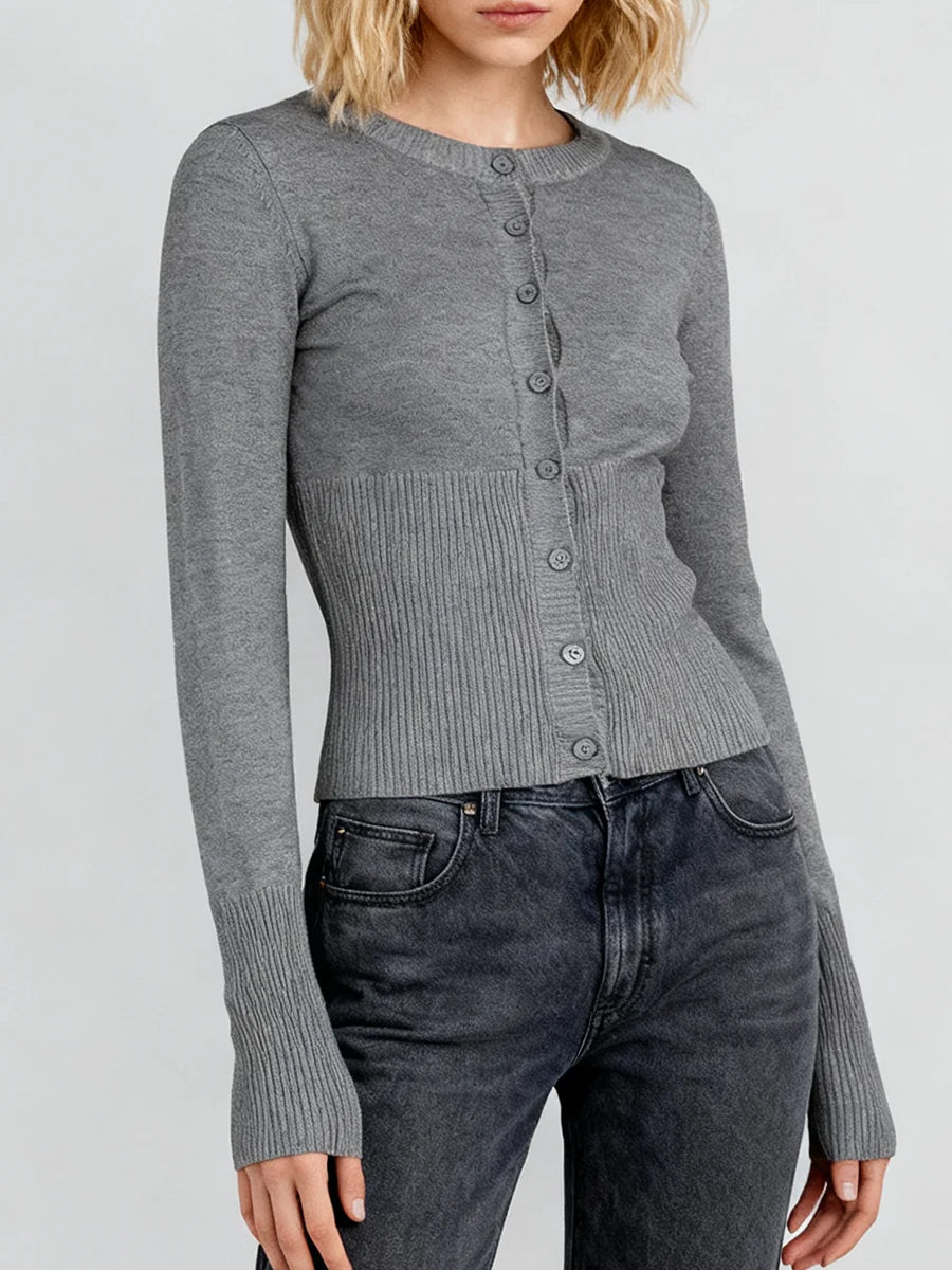 Women's Crew Neck Button Front Cardigan Casual Knit Layer