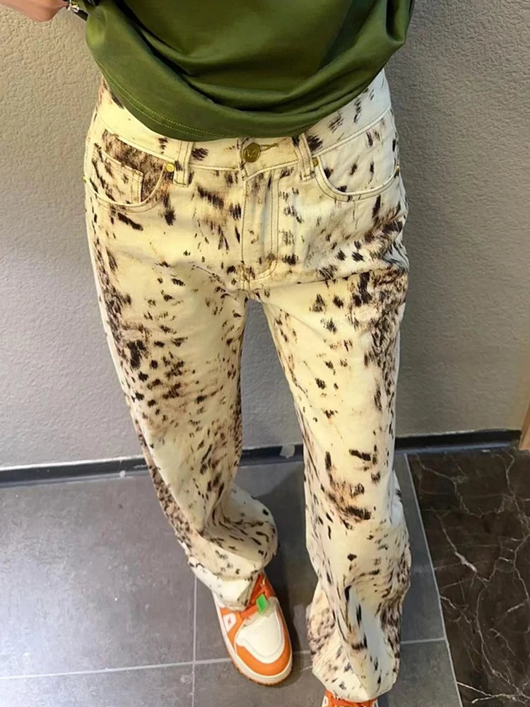 Women's Mottled Animal Print Loose Fit Denim Jeans