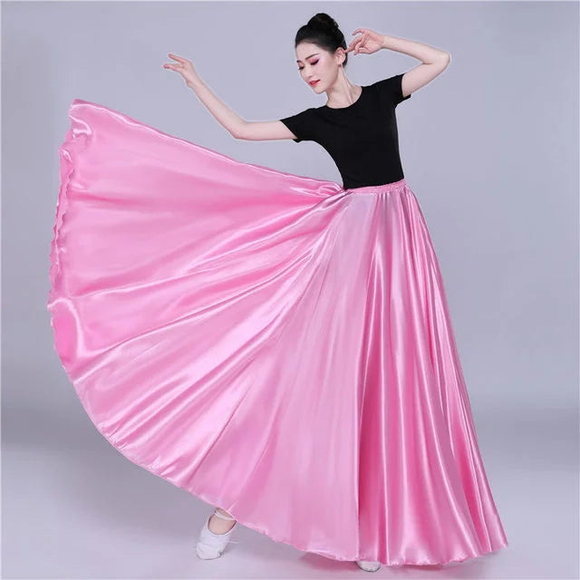 Women's Long Satin-Look Swing Dance Skirt with Length and Style Options