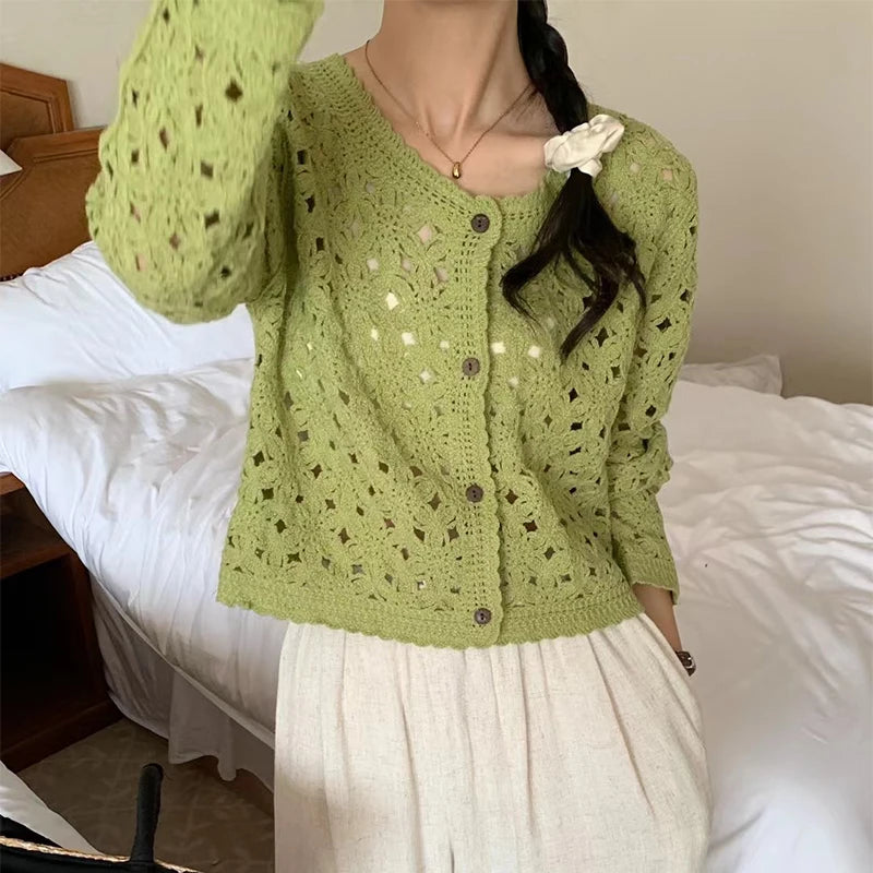 Women's Open Knit Cropped Button Front Cardigan Casual Knit Layer