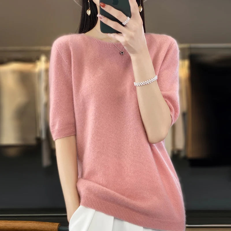 Women's Crew Neck Short Sleeve Sweater Casual Knit Layer