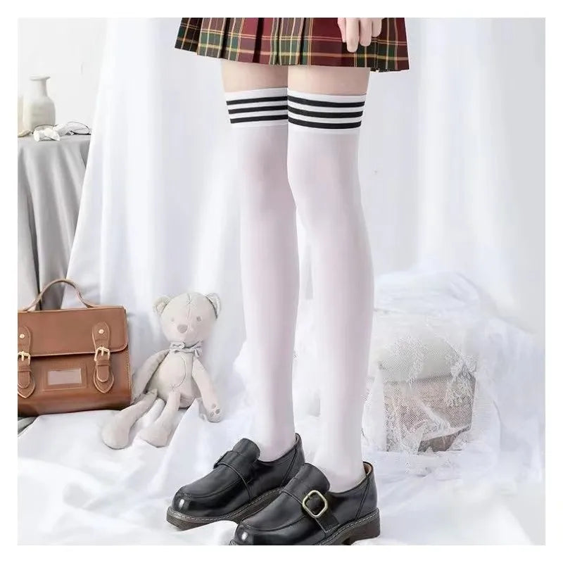 Striped Cuff Thigh High Socks with Solid Leg Shape