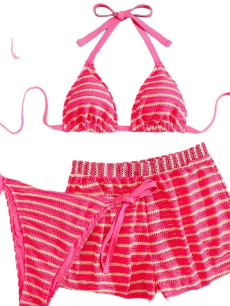 Women's Striped Triangle Bikini with Matching Swim Shorts
