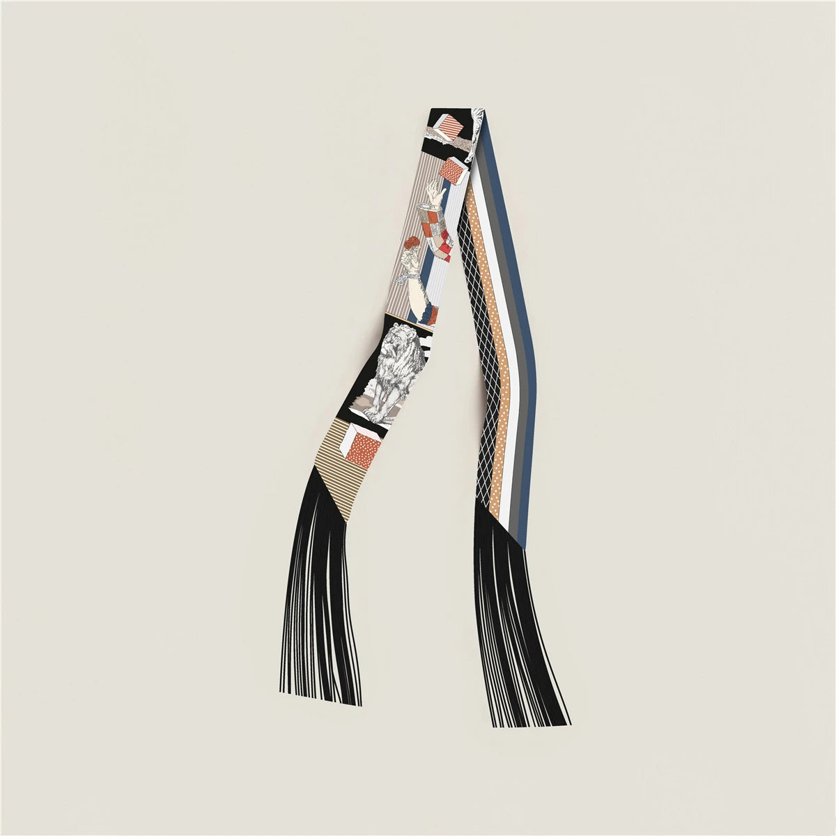 Printed Narrow Ribbon Scarf with Decorative Fringed Ends