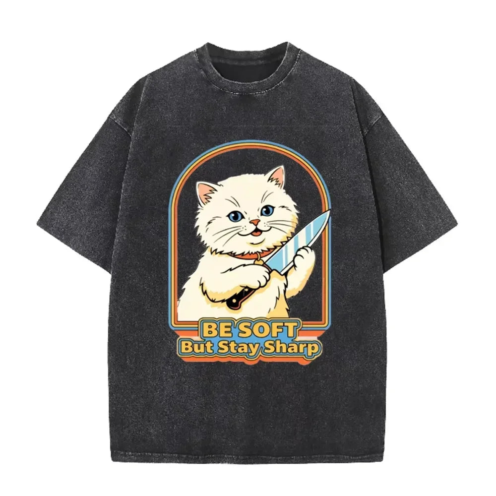 Vintage Washed Purple  Be Soft But Stay Sharp Knife Cat Retro Casual Graphic T Shirt