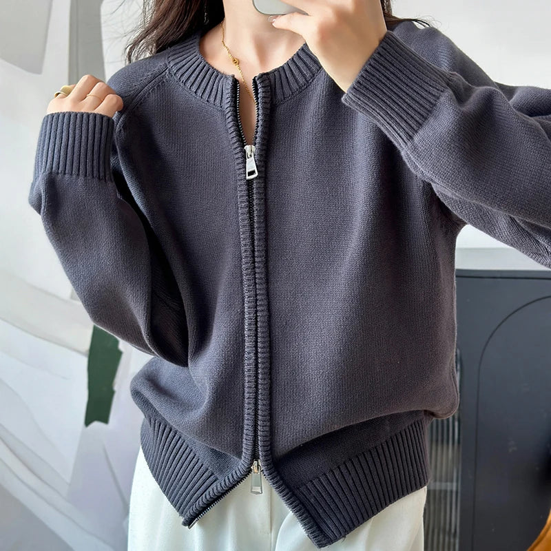 Women's Crew Neck Full Zip Cardigan Casual Knit Layer