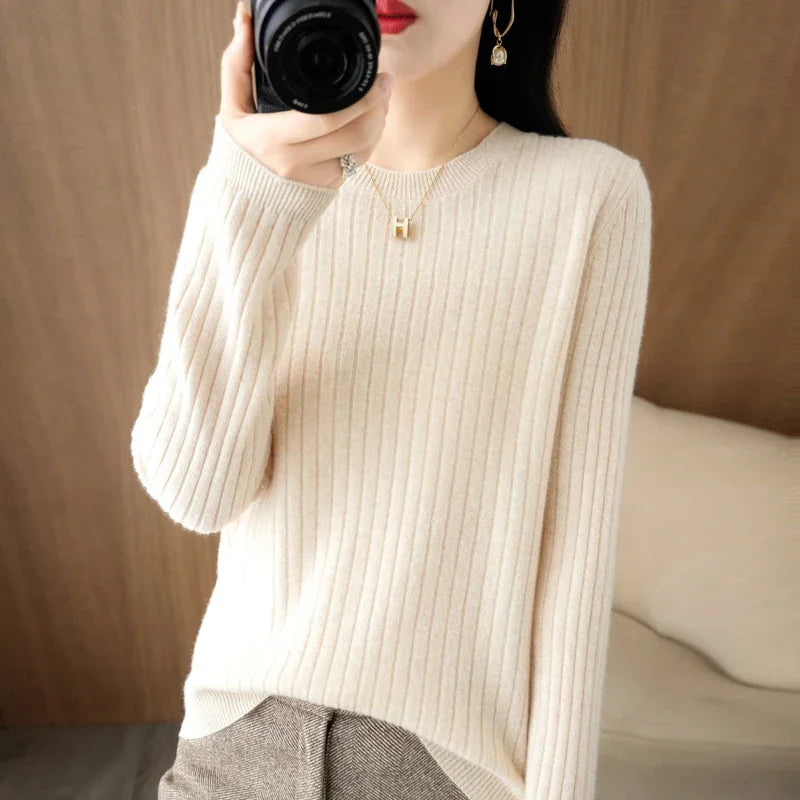 Women's Ribbed Crew Neck Long Sleeve Sweater Casual Knit Layer