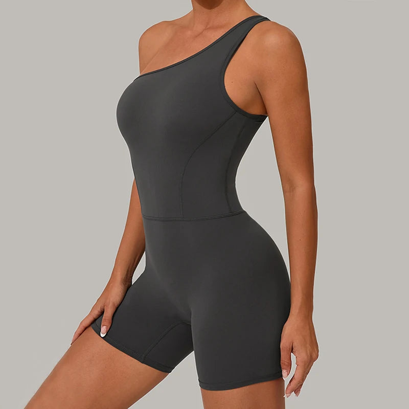 Women's One Shoulder Nylon Blend Workout Romper with Fitted Short Legs