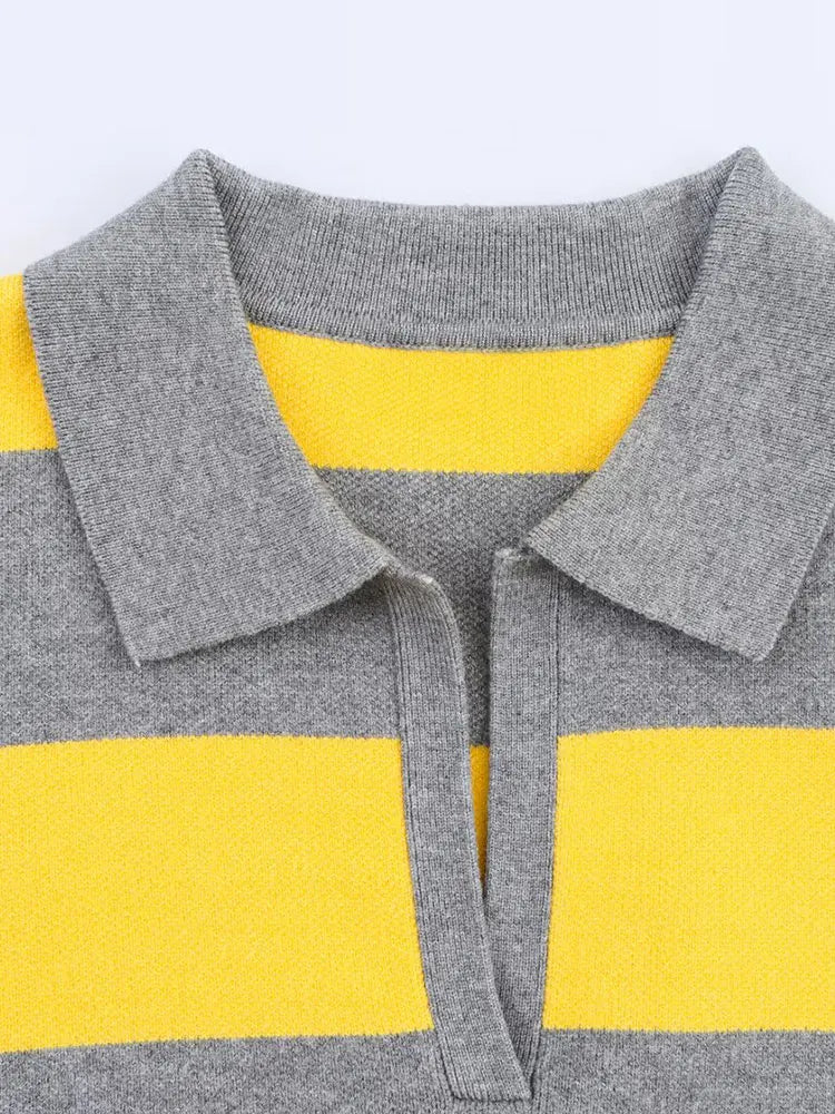 Women's Striped Polo Collar Loose Fit Sweater Casual Knit Layer