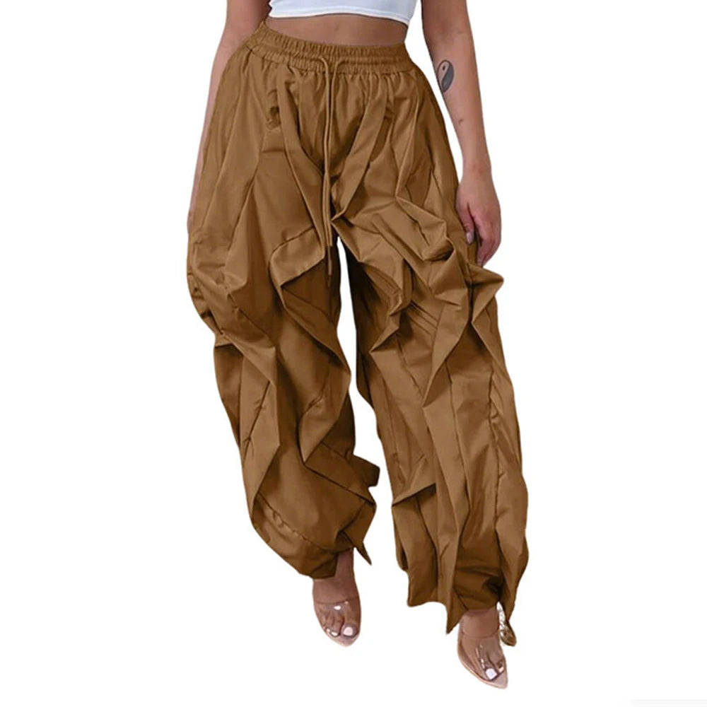 Women's Ruched Cargo Pants with Drawstring Waist and Gathered Cuffs