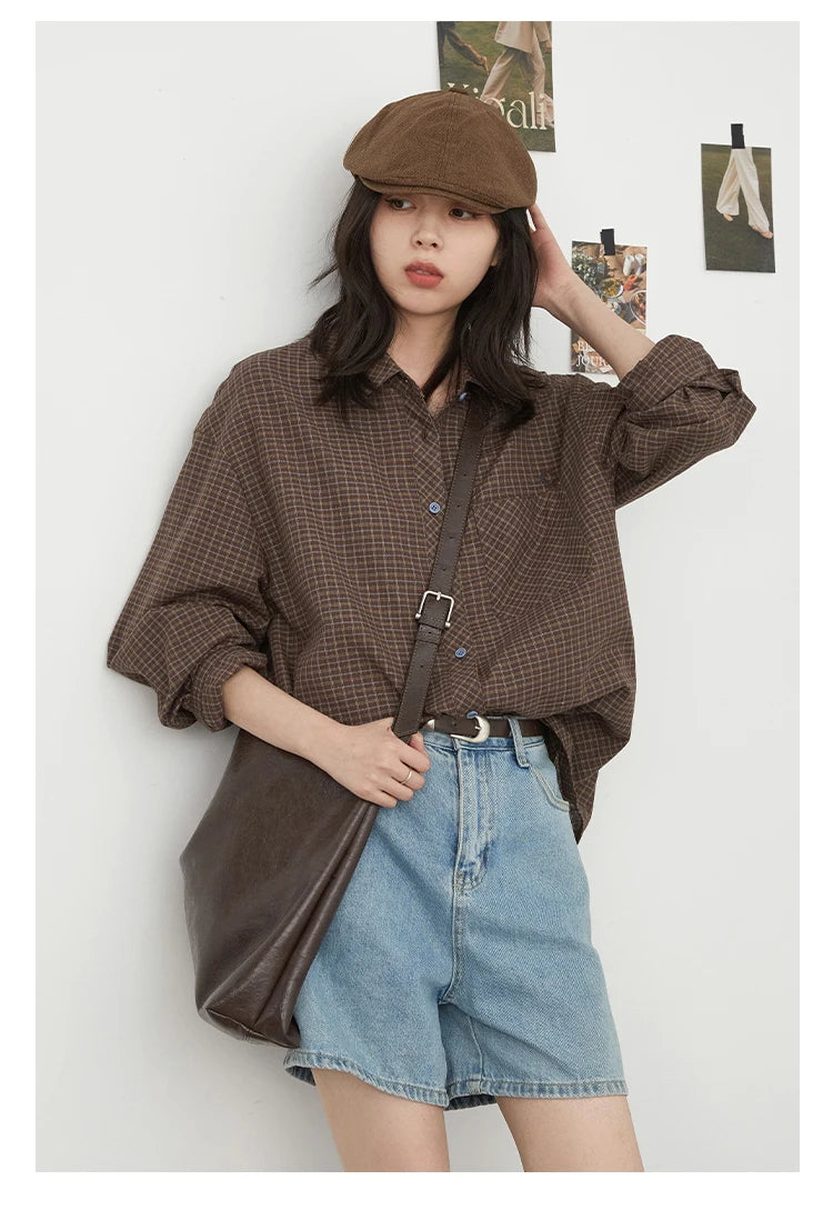 Women's Checked Long Sleeve Shirt with Plain Colour Options