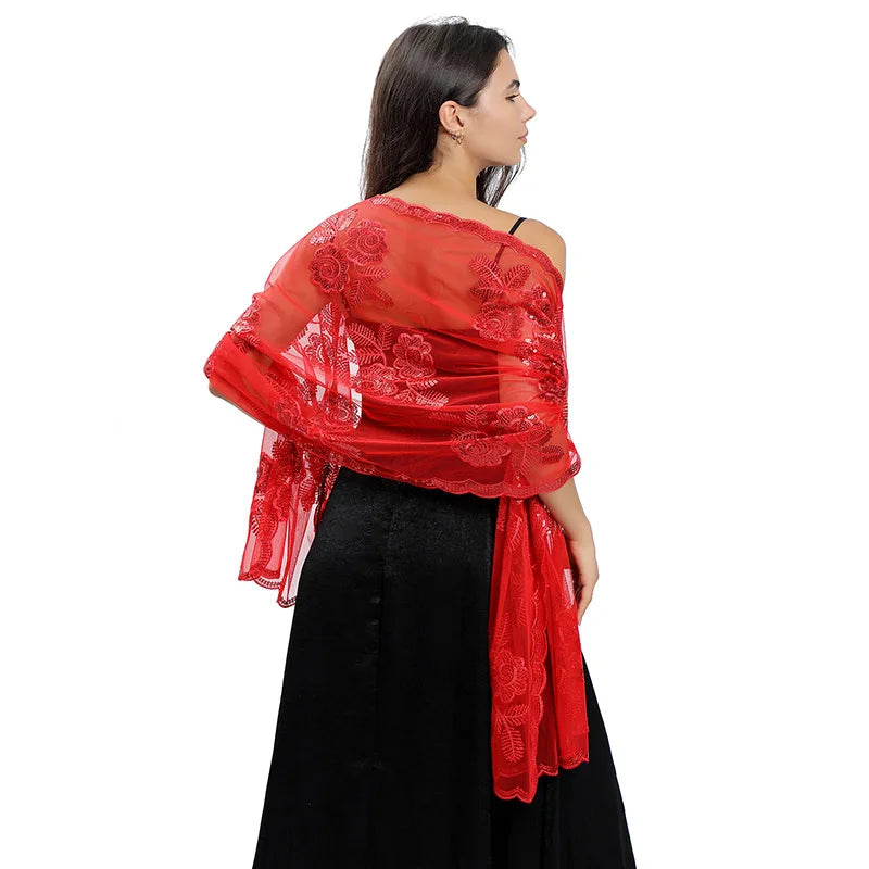 Floral Lace Fringed Wrap Scarf for Layering over Outfits