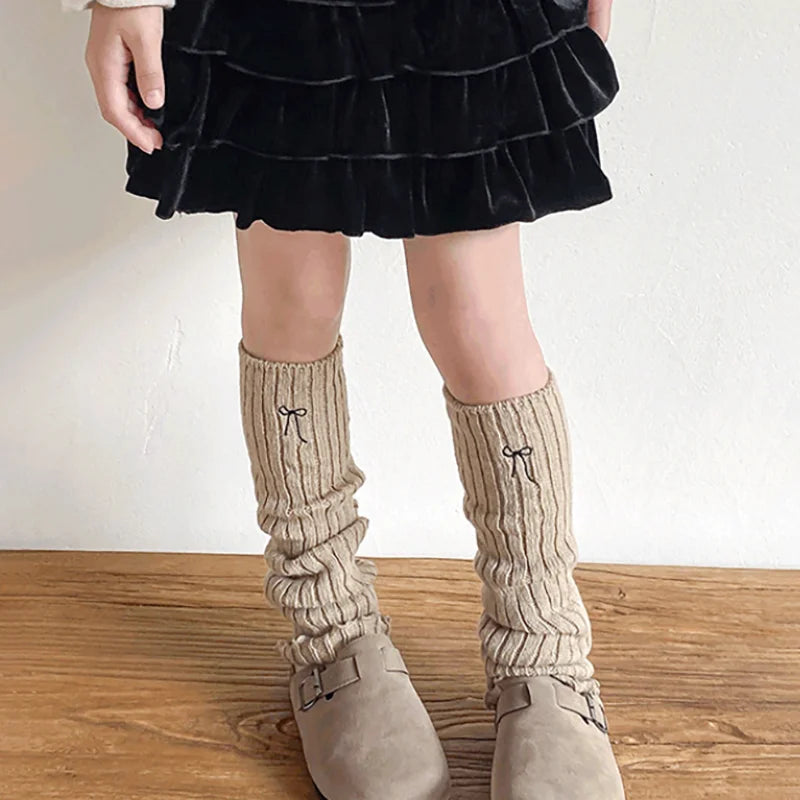 Children's Ribbed Leg Warmers with Embroidered Bow and Ruffled Cuffs